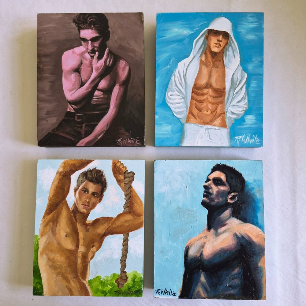 Lot of 4 Paintings of Males Oil on Wood Panels by Robin White 8" x 10" x 1.5"